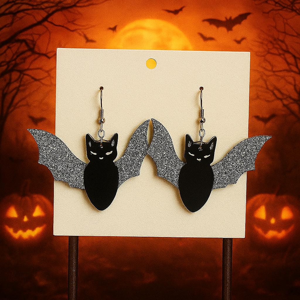 Bat Cat Halloween Earrings – 2-Layer Laser Cut Acrylic, Silver or Gold Glitter – 3"x2" Spooky Dangle Earrings – Custom Color Available