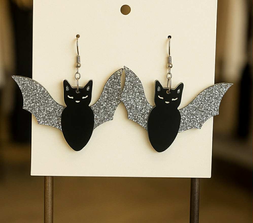 Bat Cat Halloween Earrings – 2-Layer Laser Cut Acrylic, Silver or Gold Glitter – 3"x2" Spooky Dangle Earrings – Custom Color Available