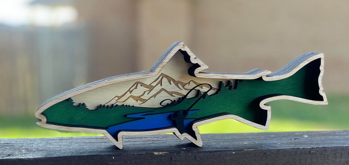 Layered Trout Fly Fisherman Laser Cut Digital Design, Glowforge Ready