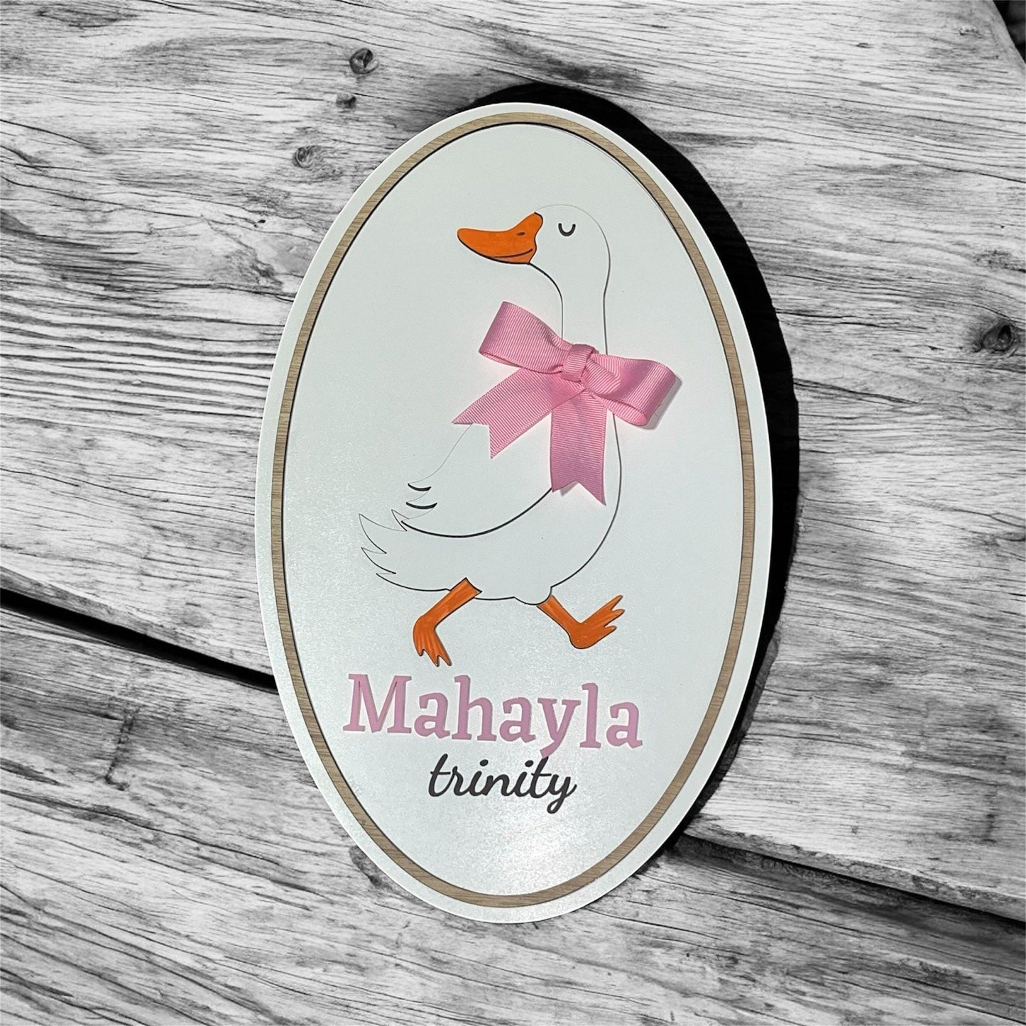 Custom Goose Nursery Name Sign – Wood Wall Decor with Bow – Baby Name Plaque for Girls or Boys