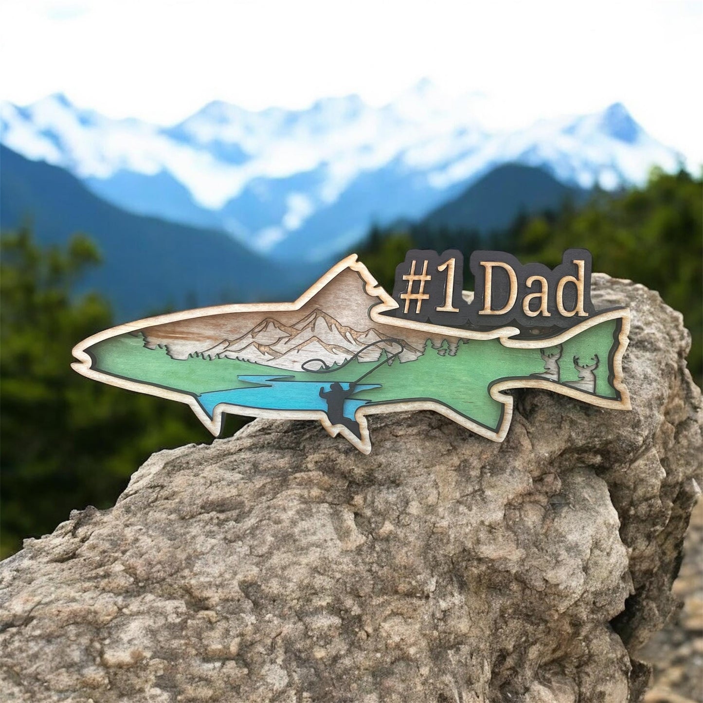 Number 1 Dad Trout Sign – Laser Cut 5-Layer Wooden Wall Art – Fly Fishing Gift for Dad – Mountain Fish Scene