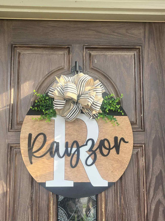 Personalized Wooden Door Hanger with Monogram and Family Name – Rustic Farmhouse Front Door Decor