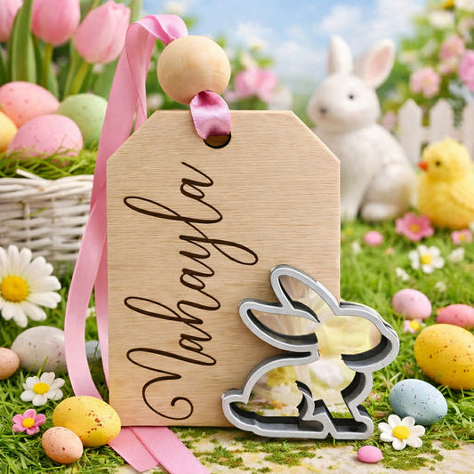 Personalized Easter Basket Tag – Custom Wooden Name Tag with Bunny, Laser Engraved Basket Charm, Easter Keepsake