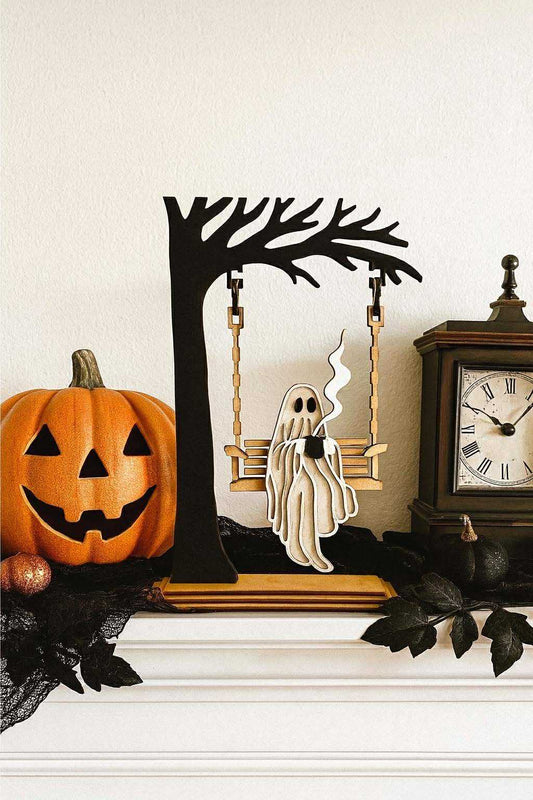 Spooky Coffee Ghost on a Swing – 12" Wooden Shelf Decor