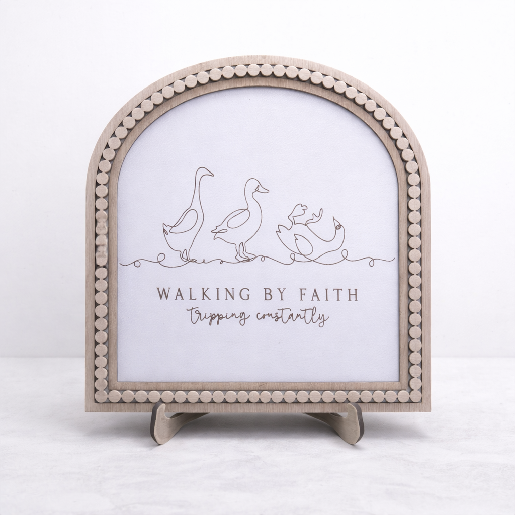 Walking By Faith Wooden Sign – Christian Farmhouse Decor, Laser Cut & Engraved Shelf Sitter, Inspirational Religious Gift, Handmade Wood Sign