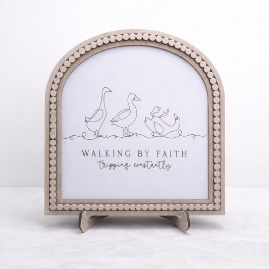 Walking By Faith Wooden Sign – Christian Farmhouse Decor, Laser Cut & Engraved Shelf Sitter, Inspirational Religious Gift, Handmade Wood Sign