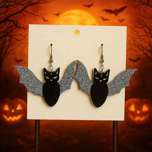 Bat Cat Halloween Earrings – 2-Layer Laser Cut Acrylic, Silver or Gold Glitter – 3"x2" Spooky Dangle Earrings – Custom Color Available