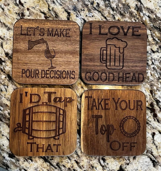 Alcohol themed laser engraved drink coasters