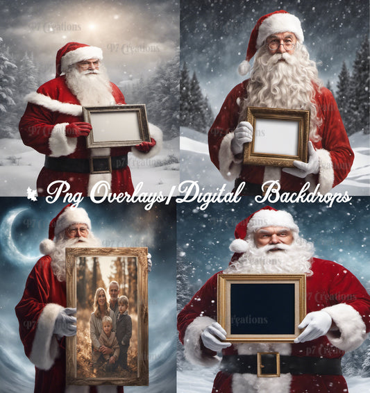 4 Digital Backdrops with Santa Claus Holding Frame, Christmas Template for Photo Editing, Magic Winter Photoshop Backgrounds, Png Overlay