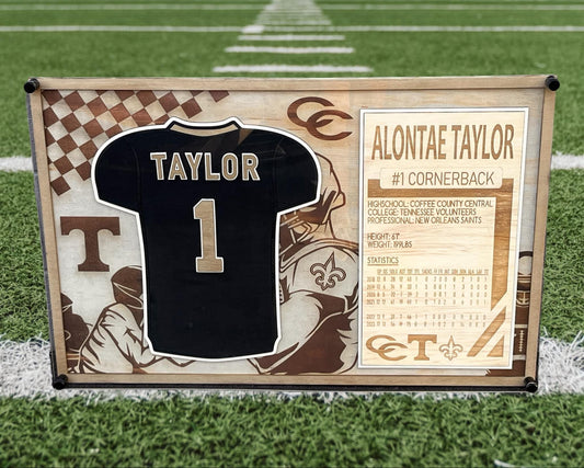Custom Wooden and Acrylic Football Memorabilia Frame | Laser Cut Athlete Wall Art | Personalized Sports Gift