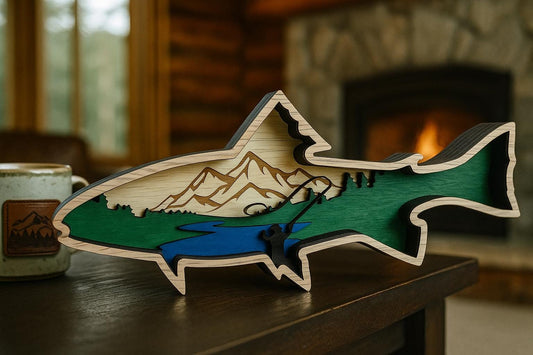 Layered Trout Fly Fisherman Laser Cut Digital Design, Glowforge Ready