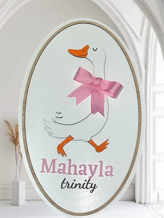 Custom Goose Nursery Name Sign – Wood Wall Decor with Bow – Baby Name Plaque for Girls or Boys