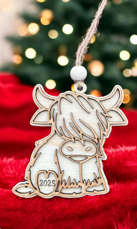 Mini Highland Cow Christmas Ornament – 2025 Edition | Rustic Laser Cut Wood Decor | Personalized Farmhouse Ornament